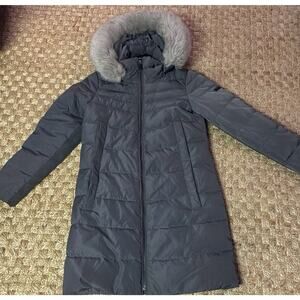 DKNY Women's Puffer Jacket Size XS Gray Solid Fur Trim Full Zipper Hooded Pocket